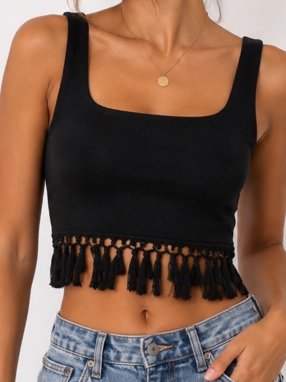 Lulus Crop Top Womens Size Small Black Fringe Boho Biker Festival Clubwear